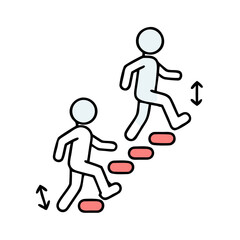 Illustrative depiction of two people walking up steps, visualizing upward mobility