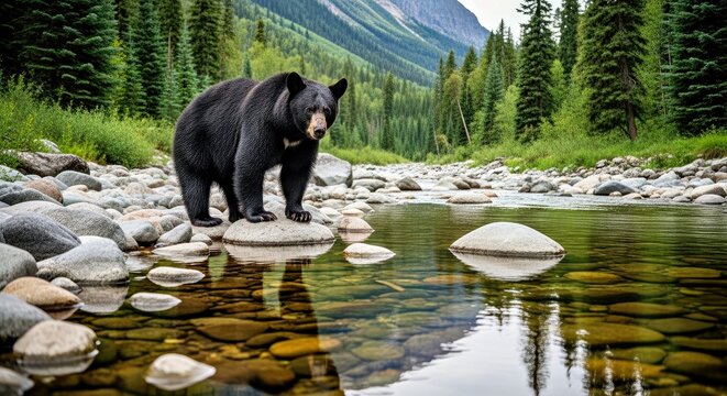 Black bear standing on smooth rocks by a clear mountain stream, majestic wildlife