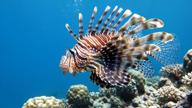 A lionfish swims near coral reef The fish features striking white and brown stripes and distinctive flowing fins