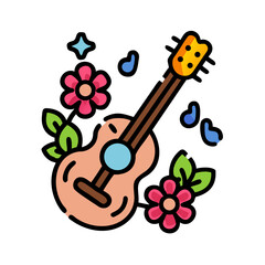 Naklejka premium Illustrated ukulele surrounded by flowers, leaves, music notes, and star