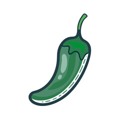 Cartoon style green jalapeño pepper with dark outline on a white background