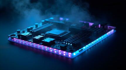 Close-up of a glowing computer motherboard with smoke rising from the processor, symbolizing overheating, high performance, and the intricate design of modern electronics.
