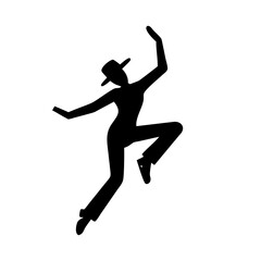 Black silhouette of a lively woman dancing with a stylish hat on