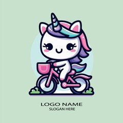Cute unicornio kawaii riding bicycle logo icon vector .
