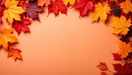 Fototapeta premium Autumn leaves arrangement seasonal decor nature background warm colors flat lay view aesthetic inspiration
