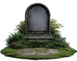 Ancient gravestone stone monument overgrown plants mystical atmosphere glowing runes magical grave fantasy setting lush greenery enchanted peaceful mood