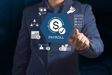 payroll management and financial processing system. payment of employees' salaries. icons for payment, scheduling, and efficient payroll operations.