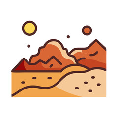 Stylized illustration of a desert landscape with hills and celestial objects