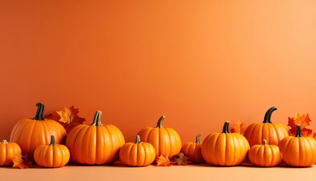 Harvesting autumn's bounty vibrant pumpkins displayed against an orange background seasonal decor fall festivities cheerful atmosphere