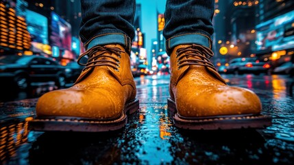 A close-up view of tan leather boots on a wet city street, with Times Square's vibrant lights blurred in the background