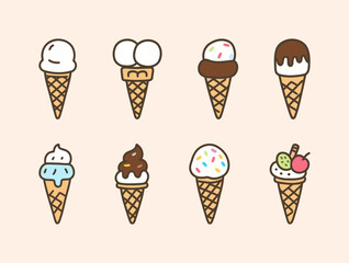 Set of various ice cream cones. Delicious and creamy ice cream scoops with different toppings in a cute, simple, and colorful graphic style.