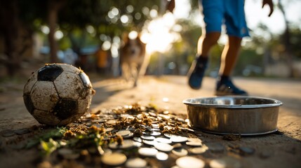 Boy plays soccer with dog near bowl and coins on street, blurred sunset background, for charity use
