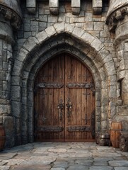 detailed castle gate with wooden door and stone archway showcasing medieval architecture and craftsmanship sturdy design evokes sense of history and strength