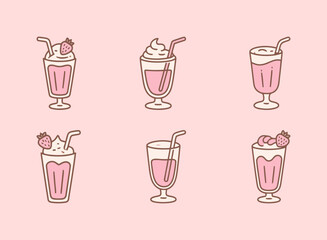 A collection of delicious strawberry milkshake illustrations. Cute and refreshing drinks with whipped cream and fruit toppings in a simple and sweet vector style.