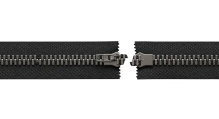 Long industrial zipper with dark grey metallic teeth on black tape, a single misaligned tooth creating a subtle flaw, isolated on light grey background. Concept of imperfection in design