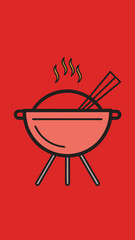 A red and white pan with a yellow candle in the middle. The candle is lit and the pan is on a yellow background