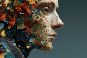 Stylized product portrait with floating particles above modern abstract background