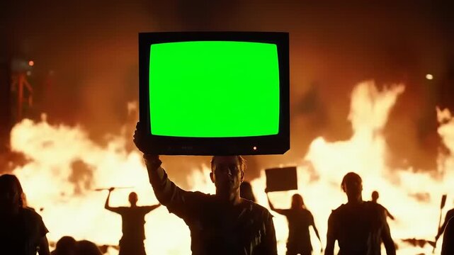 Protestor holds green screen TV with fire.