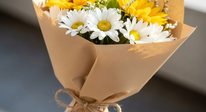 Nahaufnahme eines fr&ouml;hlichen Geburtstagsstrau&szlig;es mit Sonnenblumen und G&auml;nsebl&uuml;mchen in Kraftpapier.