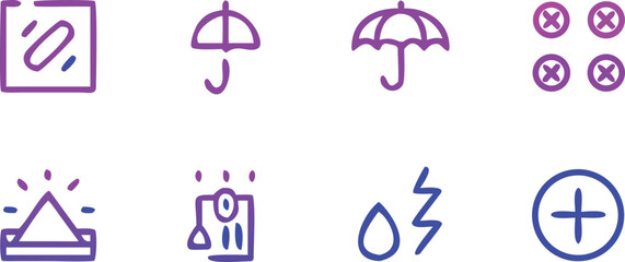 Playful purple outline icons. Hand-drawn vector graphic collection. Minimalist symbol set for branding.