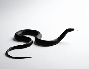 Fototapeta premium Ink Black Elegance: A sleek, black snake slithers gracefully, its form accentuated by the play of light, embodying a sense of mystery and the raw beauty of the animal kingdom. 