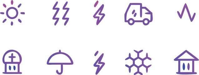 Minimalist purple outline icon set. Weather and status icons in thin purple lines. Clean graphic icons with sun, lightning, truck, heartbeat.