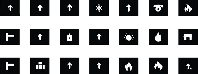 Black and white stencil icon grid. Abstract directional arrows and geometric patterns. Minimalist street art style vector graphics.