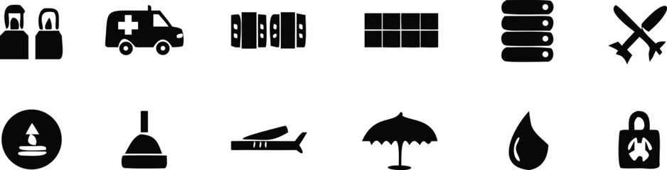 Black silhouette medical icons grid. Minimalist graphic design with vials and ambulance. Clean flat healthcare symbols in monochrome.