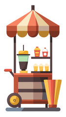 A food cart with a red and yellow awning. The cart is filled with food and drinks