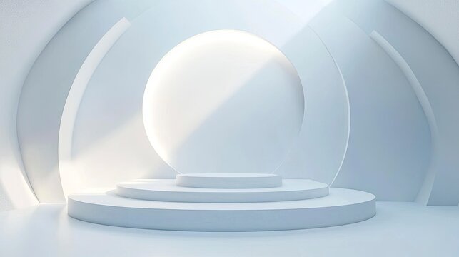 Minimalist white 3D geometric shapes floating on matte background with dynamic lighting and modular grid zone, for premium product display, digital advertising, and brand visual design