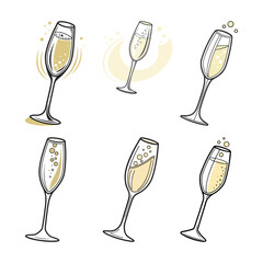 Watercolor champagne flute illustrations. Festive and elegant celebratory drink sketches. Delicate ink and wash vector art.