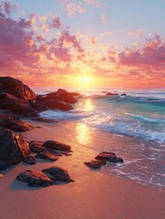 vibrant sunset over a tranquil beach with gentle waves lapping the shore