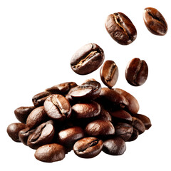 Obraz premium A close-up shot of roasted coffee beans arranged in a pile with several beans seemingly falling in the air, showcasing freshness
