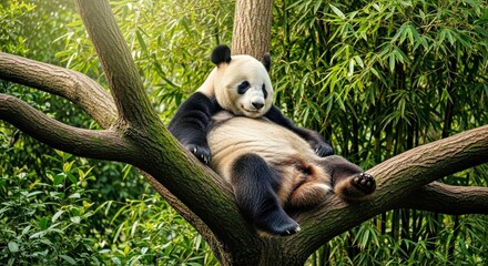 Giant panda lounging comfortably on a thick tree branch, lazy and cute