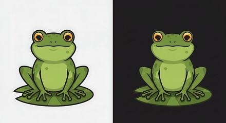 Cartoon frog sitting on lily pad vector illustration with green and yellow