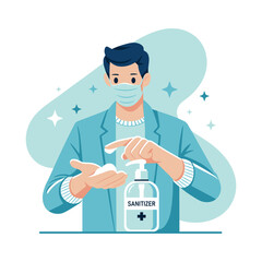 Keep hands clean disinfection concept. Man disinfecting hands with wearing a mask. Using antiseptic gel to clean hands and prevent germs. Applying a moisturizing sanitizer. Flat vector illustration.