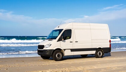 White delivery van parked on sandy beach against the backdrop of the sea and blue sky