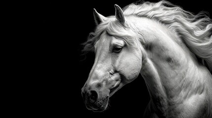 Majestic white horse with flowing mane against dark background in a tranquil setting