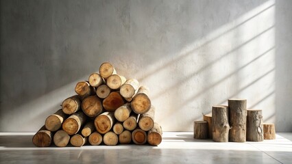 Sunlit Wooden Logs and Tree Stump Display Against a Textured Wall