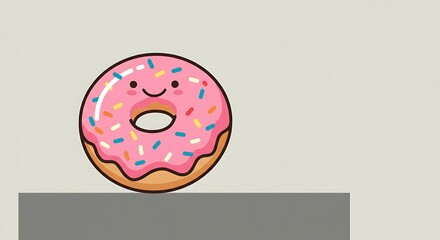 Happy donut with pink frosting and sprinkles on a neutral background