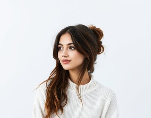 A woman with brown hair in a bun wearing a white sweater looking to the left on a white background