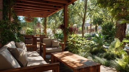 Fototapeta premium beautiful wooden terrace with garden furniture surrounded by greenery on a warm summer day no logos no brands ar 169