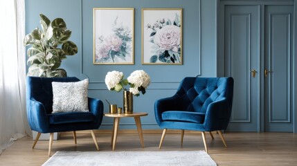 flowers on wooden table between blue armchairs in living room interior with posters real photo no logos no brands ar 169
