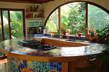 A sunlit, open-plan kitchen boasts a curved island countertop crafted from vibrant, multicolored mosaic tiles, set against rich wood cabinetry.  Large arched windows offer a lush, tropical garden view