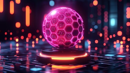 A glowing, hexagonal sphere sits on a dark circuit board, illuminated by vibrant neon lights