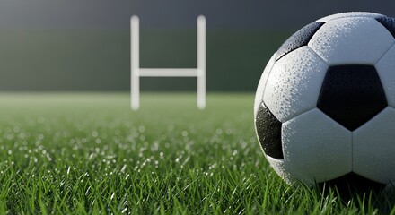 Dew-Kissed Soccer Ball on a Freshly Mowed Field, Rugby Goalposts in the Background