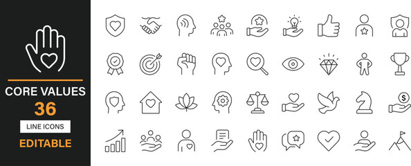 Core values 36 editable line icons set. Integrity, honesty, respect, trust, responsibility, accountability, transparency, teamwork and solid icons.