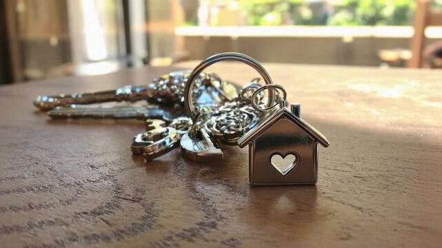 Shiny House Key with Heart Cutout and Keys on Wooden Table