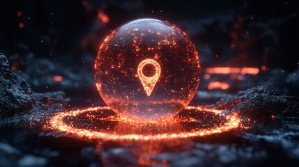 A glowing, fiery sphere with a location pin graphic, situated on a dark, rocky landscape