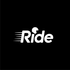 A minimalist black and white logo featuring the word 'Ride' with speed lines emanating from the letter 'R' and a helmet icon replacing the dot of the 'i', sy...